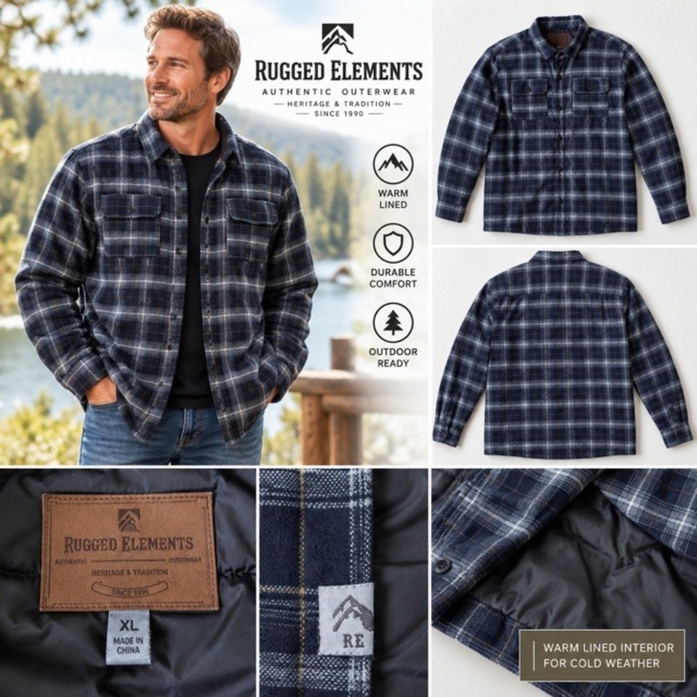Rugged Elements Mens XL Plaid Flannel Shirt Jacket Quilted Lined Blue Grey XL